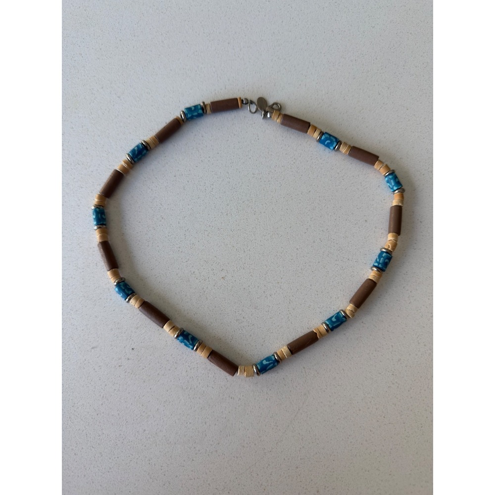 Vintage Wood and Blue Resin Beaded Choker Necklace Brown Tan Silver Tone Clasp